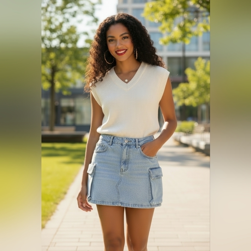 Mimosa Light Wash Denim Cargo Mini Skirt Utility Pockets 100% Cotton Size S